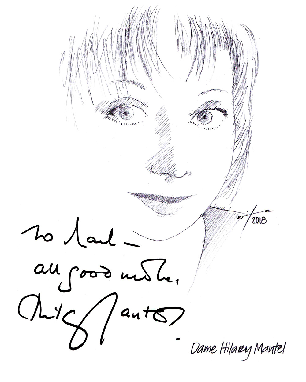 Autographed drawing of author Hilary Mantel