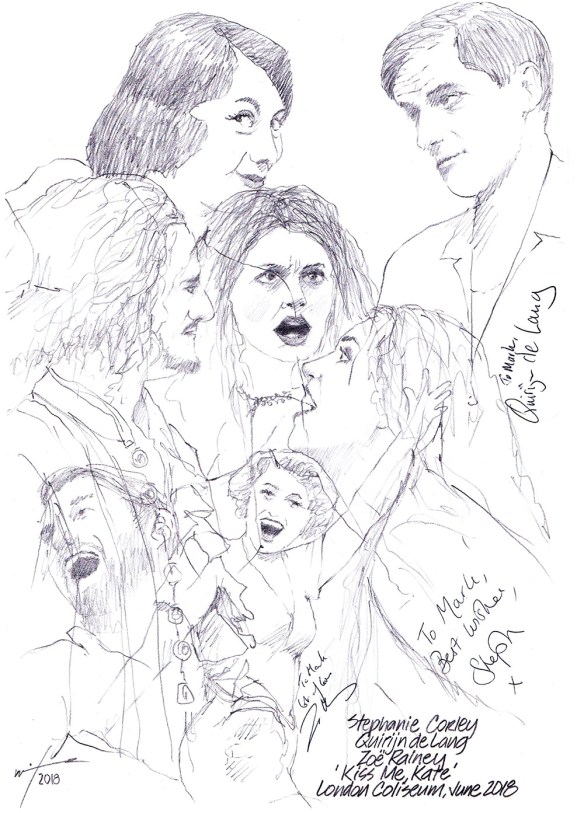 Autographed drawing of Stephanie Corley, Quirijn deLang and Zoe Rainey in Kiss Me Kate at the London Coliseum