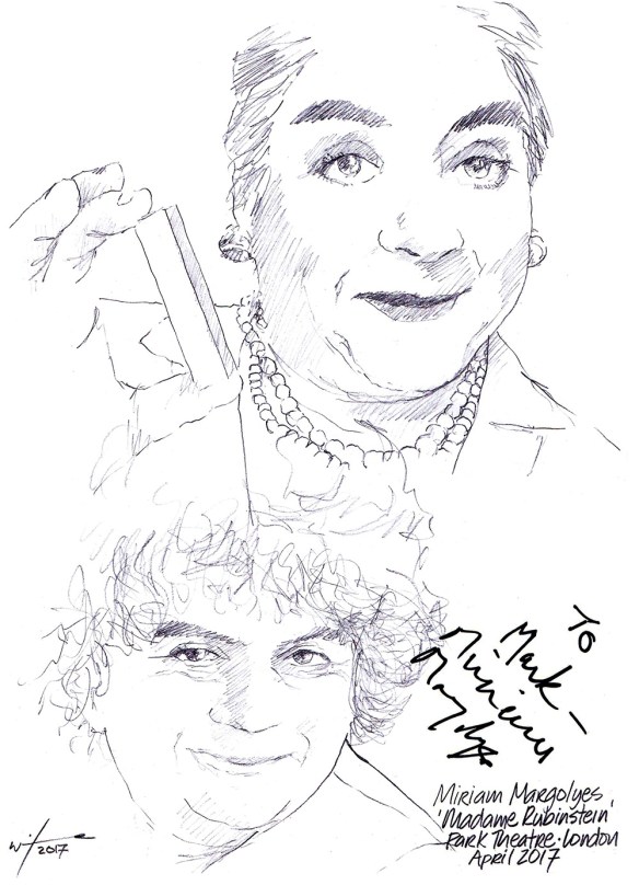 Autographed drawing of Miriam Margoyles in Madame Rubinstein at the Park Theatre in London