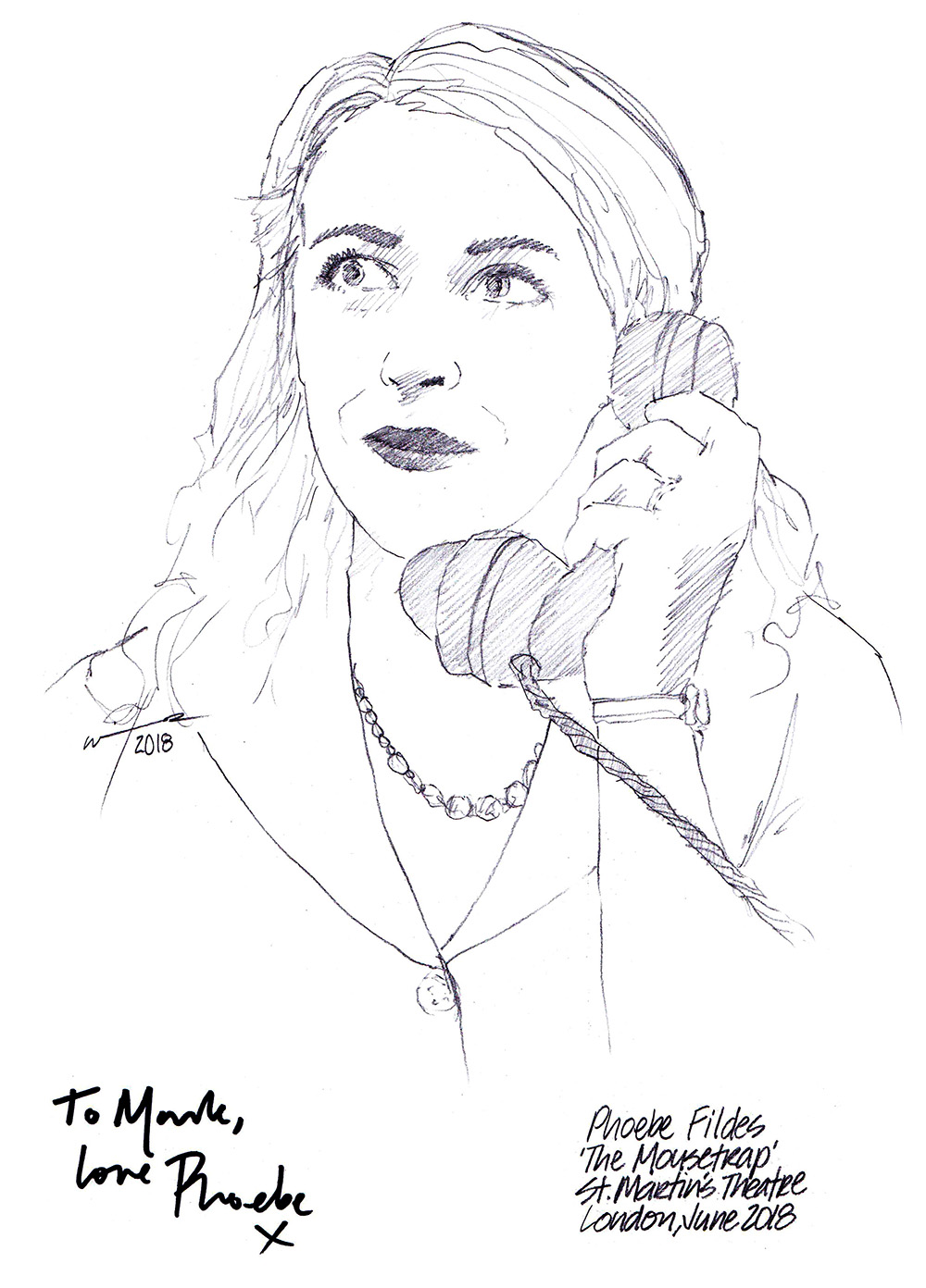 Autographed drawing of Phoebe Fildes in The Mousetrap at St Martin's Theatre on London's West End