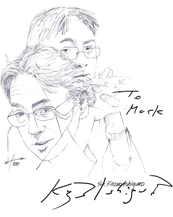 Autographed drawing of author Sir Kazuo Ishiguro