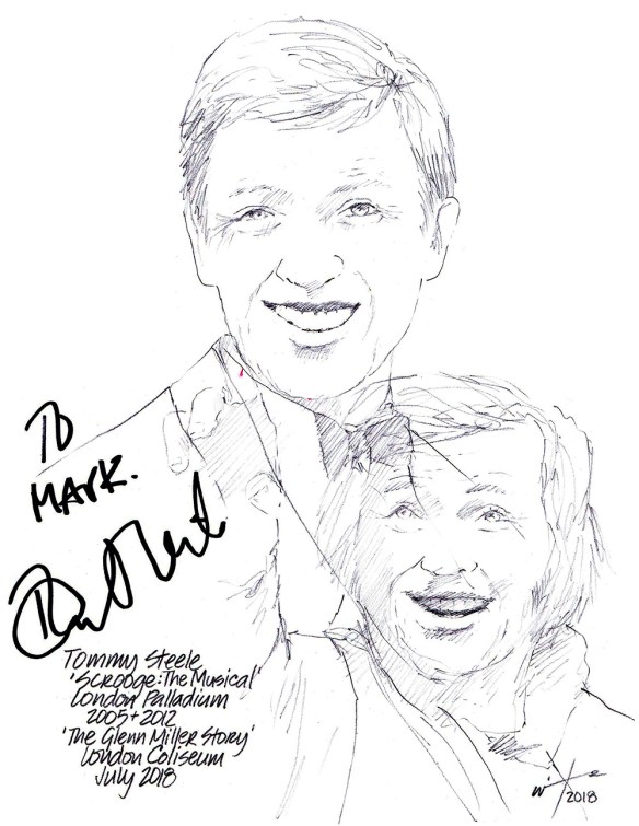 Autographed drawing of Tommy Steele in Scrooge: The Musical at the London Palladium and in The Glen Miller Story at the London Coliseum