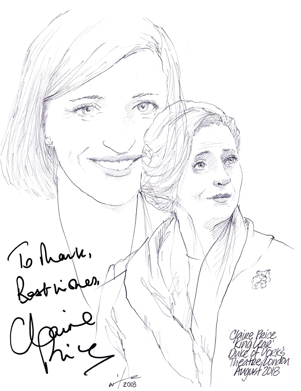Autographed drawing of Claire Price in King Lear at the Duke of York's Theatre on London's West End