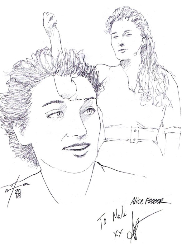 Autographed drawing of comedian Alice Fraser