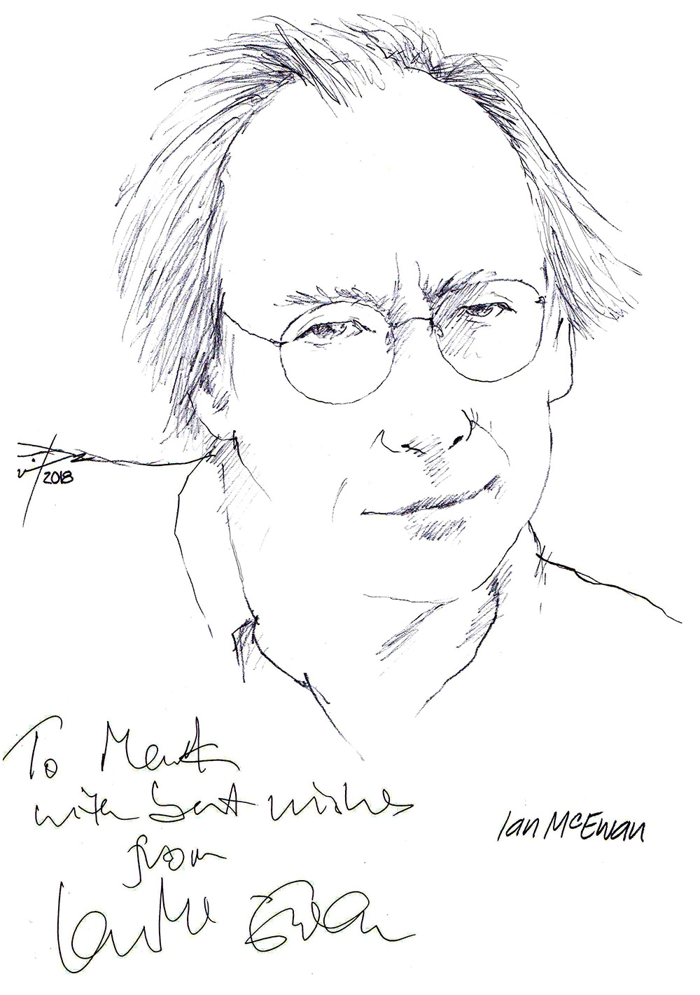 Autographed drawing of writer Ian McEwan