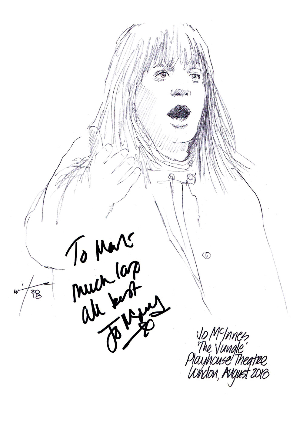 Autographed drawing of Jo McInnes in The Jungle at the Playhouse Theatre on London's West End