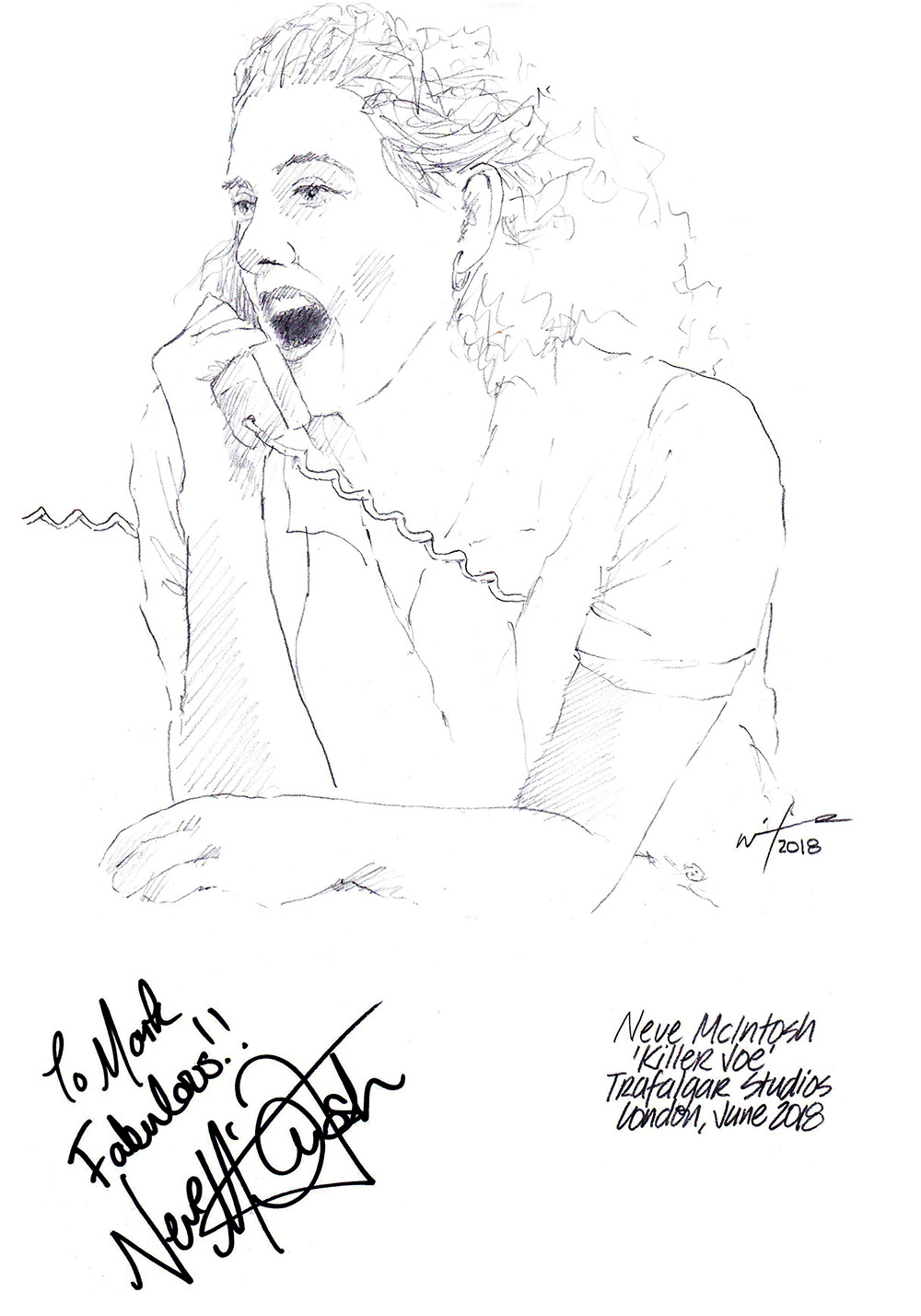 Autographed drawing of Neve McIntosh in Killer Joe at the Trafalgar Studios on London's West End
