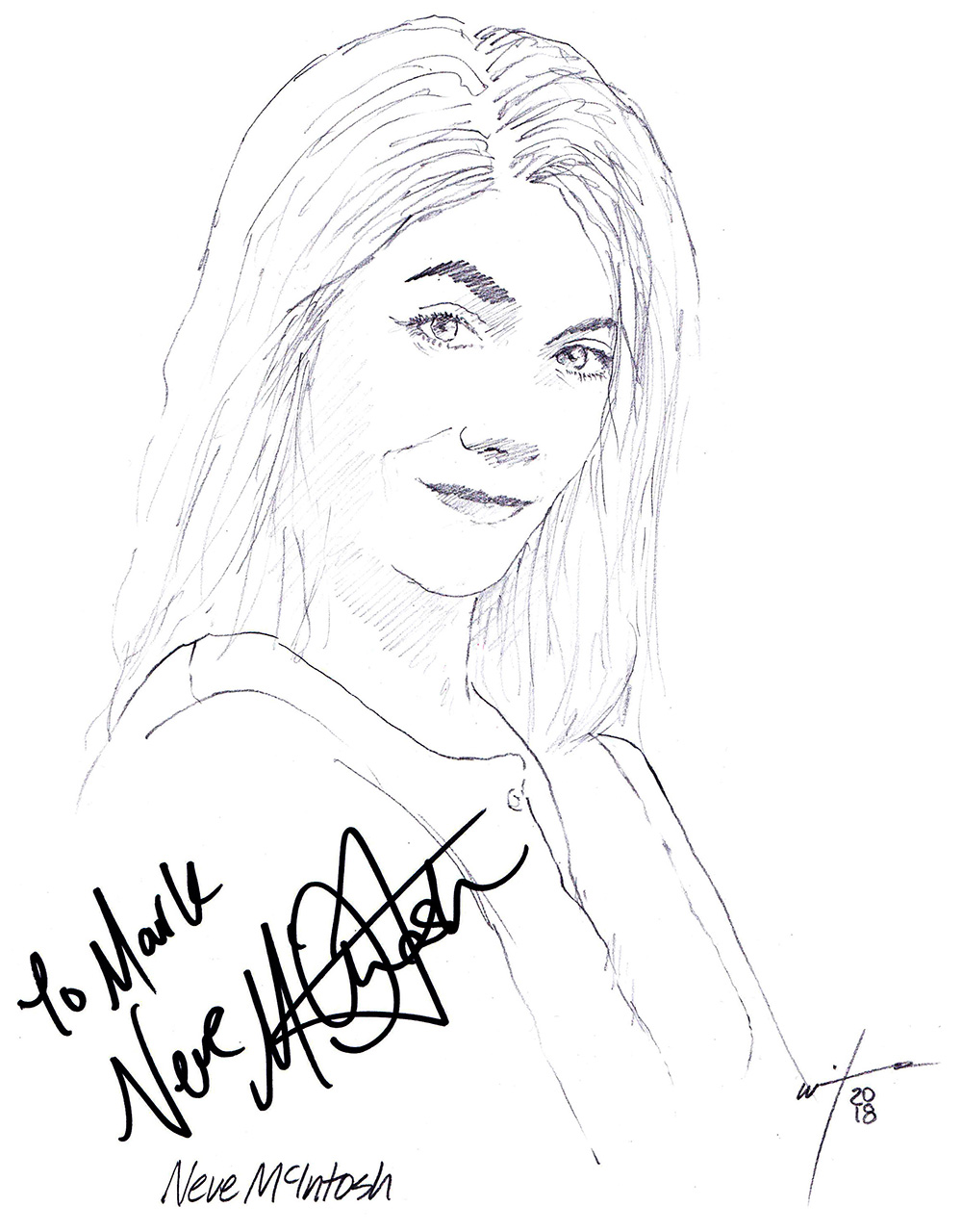 Autographed drawing of actress Neve McIntosh