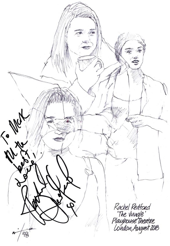 Autographed drawing of Rachel Redford in The Jungle at the Playhouse Theatre on London's West End