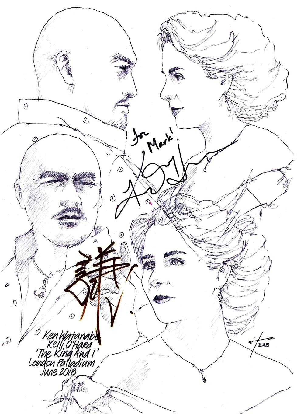 Autographed drawing of Ken Watanabe and Kelli O'Hara in The King and I at the London Palladium