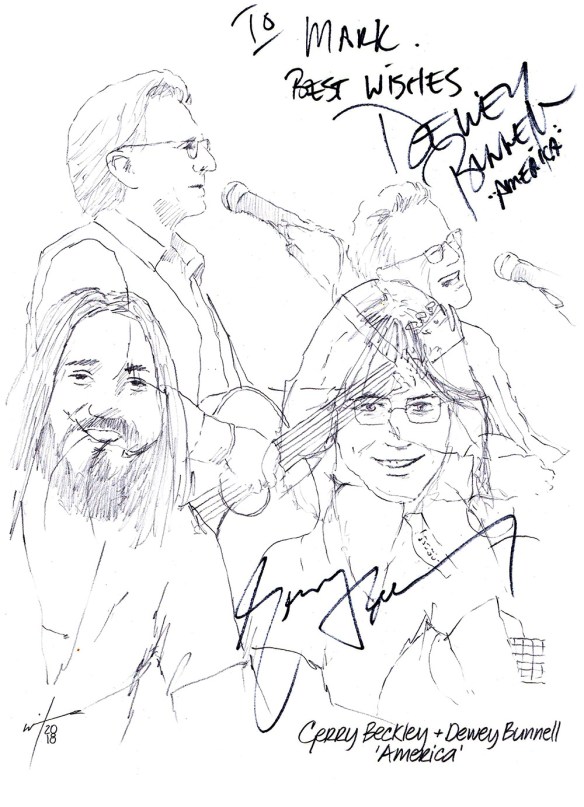 Autographed drawing of musicians Gerry Beckley and Dewey Bunnell, 'America'