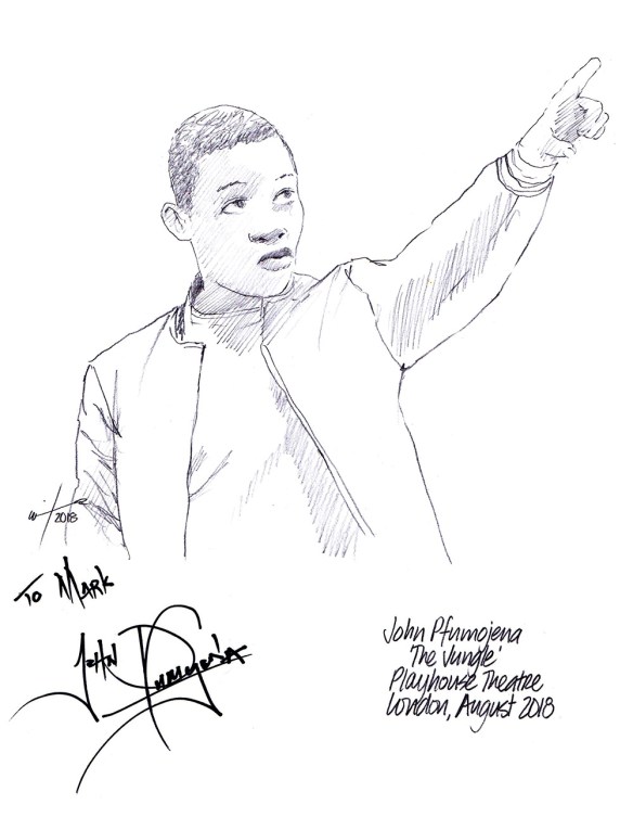 Autographed drawing of John Pfumojena in The Jungle at the Playhouse Theatre on London's West End