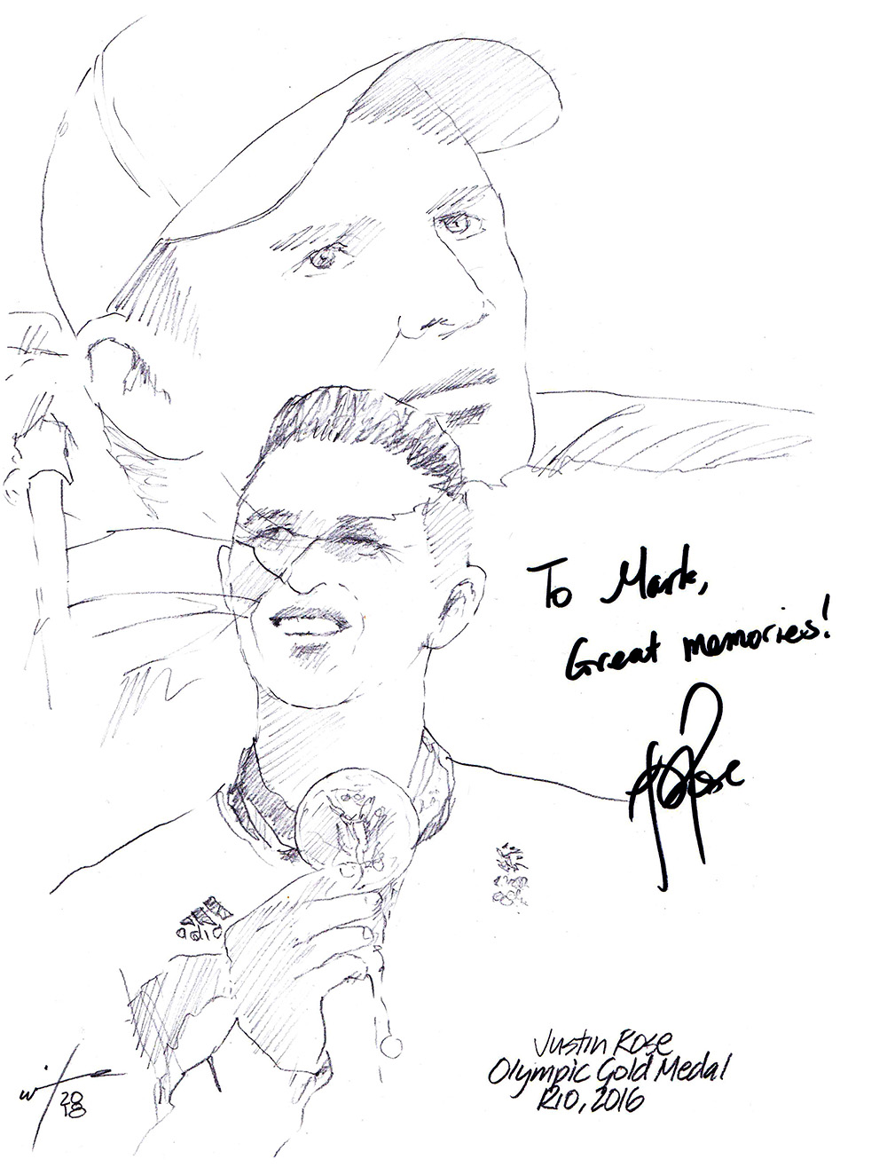 Autographed drawing of golfer Justin Rose