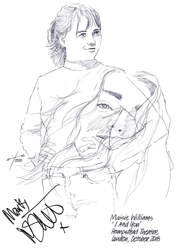 Autographed drawing of Maisie Williams in I and You at the Hampstead Theatre