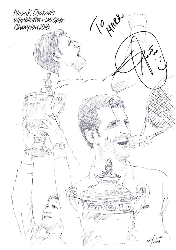 Autographed drawing of tennis player Novak Djokovic
