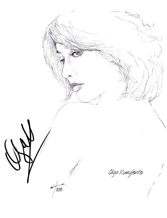 Autographed drawing of actress Olga Kurylenko