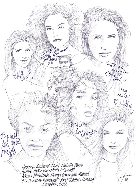 Autographed drawing of Aimee Atkinson, Alexia McIntosh, Millie O'Connell, Natalie Paris, Maiya Quansah-Breed and Jarneia Richard-Noel in Six the Musical on London's West End