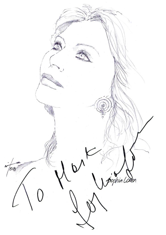 Autographed drawing of actress Sophia Loren