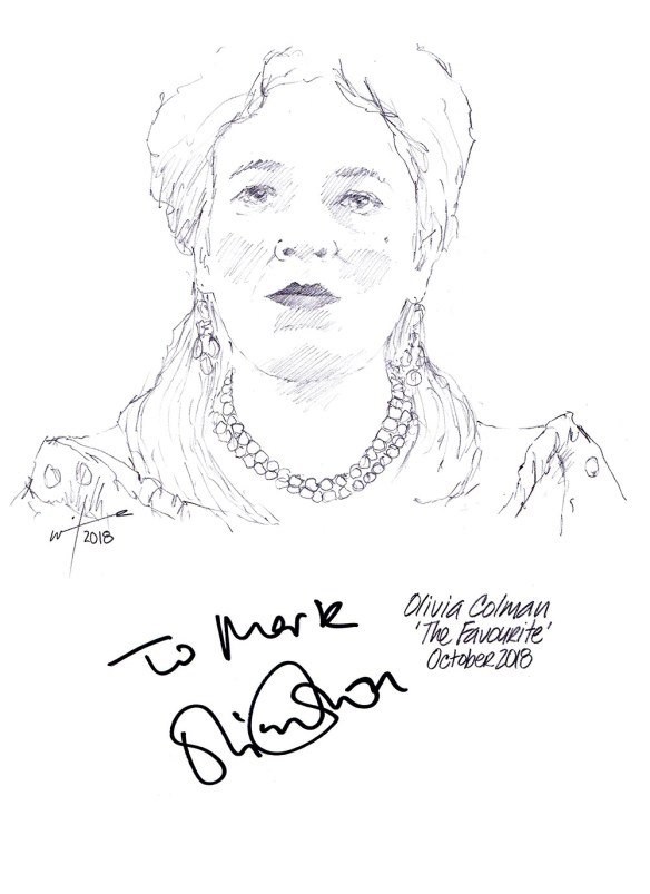 Autographed drawing of Olivia Colman as Queen Anne in The Favourite