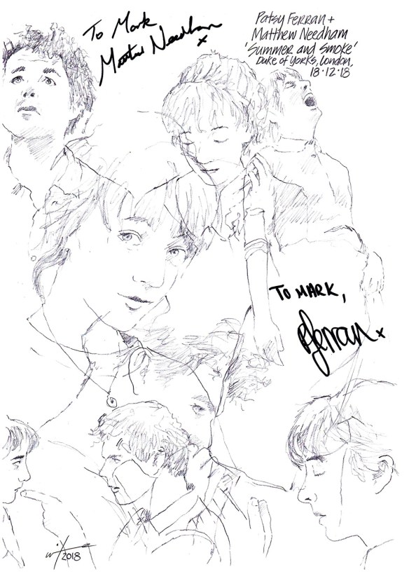 Autographed drawing of Patsy Ferran and Matthew Needham in Summer and Smoke at theDuke of York's Theatre on London's West End