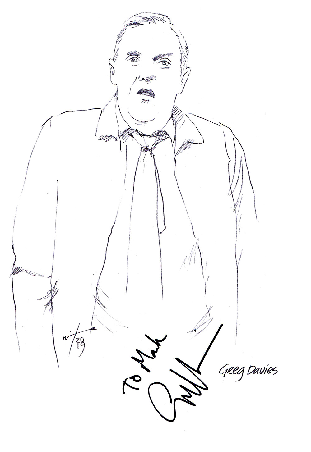 Autographed drawing of comedian Greg Davies
