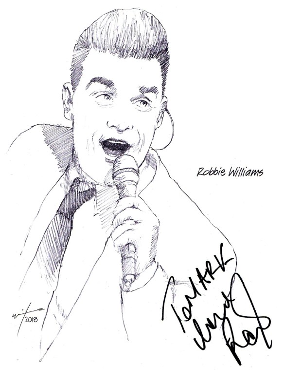 Autographed drawing of singer Robbie Williams