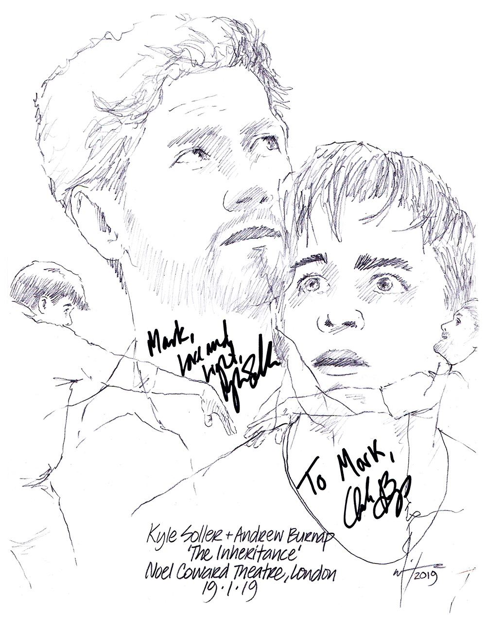 Autographed drawing of Kyle SOller and Andrew Burnap in The Inheritance at the Noel Coward Theatre on London's West End