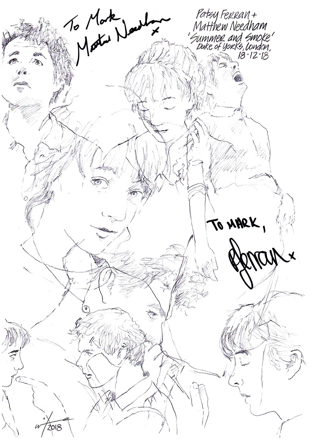 Autographed drawing of Patsy Ferran and Matthew Needham in Summer and Smoke at the Duke of York's Theatre on London's West End