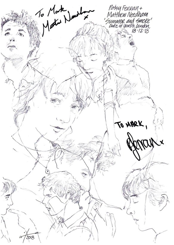 Autographed drawing of Patsy Ferran and Matthew Needham in Summer and Smoke at the Duke of York's Theatre on London's West End