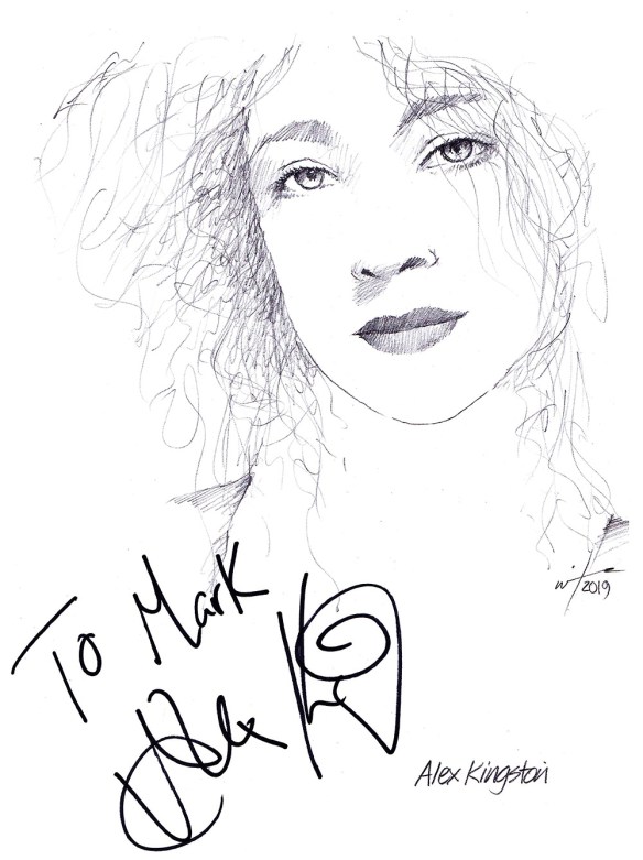 Autographed drawing of actress Alex Kingston