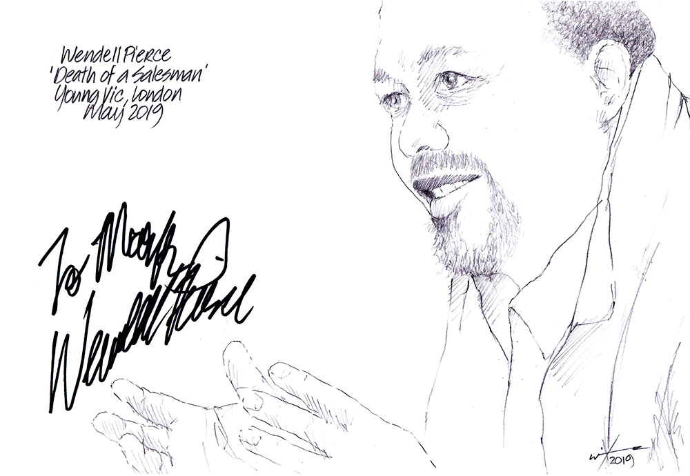 Autographed drawing of Wendell Pierce in Death of a Salesman at The Young Vic Theatre