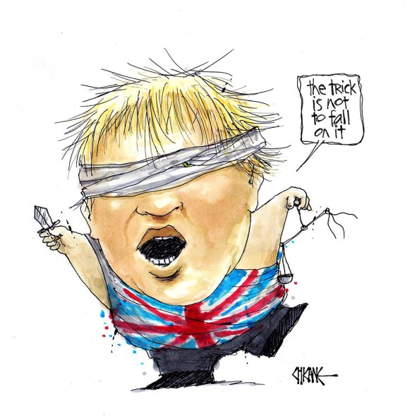 Boris Johnson Justice with sword "the trick is not to fall on it"