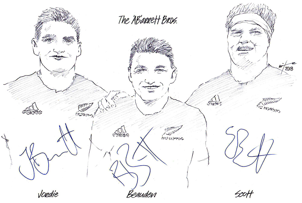 Autographed drawing of All Blacks the Barrett Brothers
