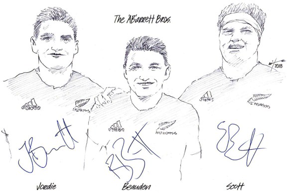 Autographed drawing of All Blacks the Barrett Brothers