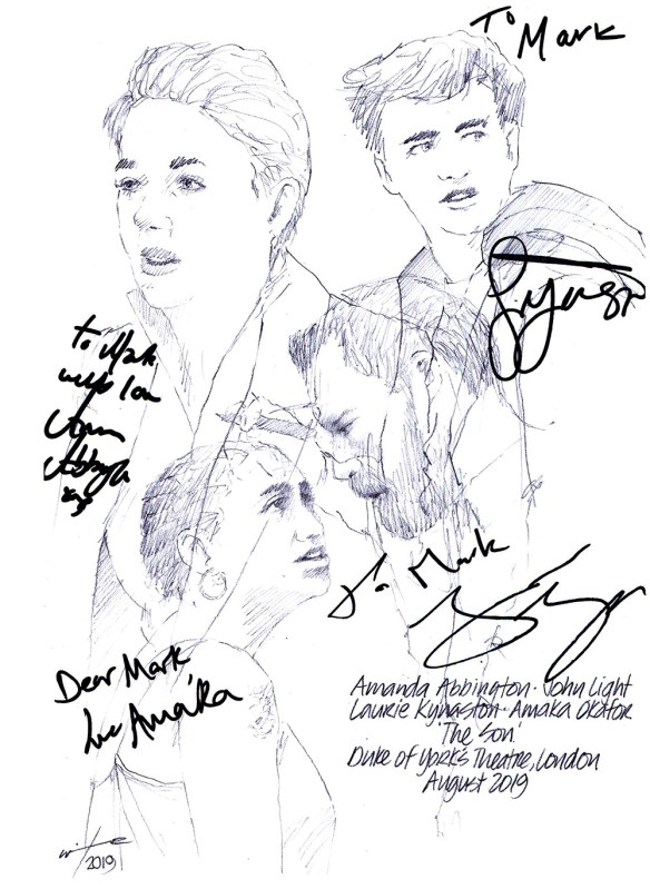 Autographed drawing of Laurie Kynaston, Amanda Abington, John Light and Amaka Okafor in The Son at London's Kiln Theatre