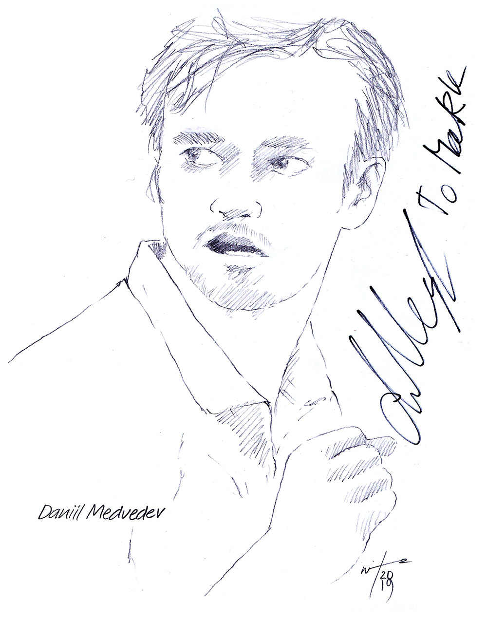 Autographed drawing of tennis player Daniil Medvedev
