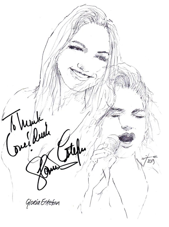 Autographed drawing of singer Gloria Estefan