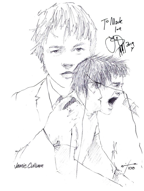 Autographed drawing of jazz musician Jamie Cullum