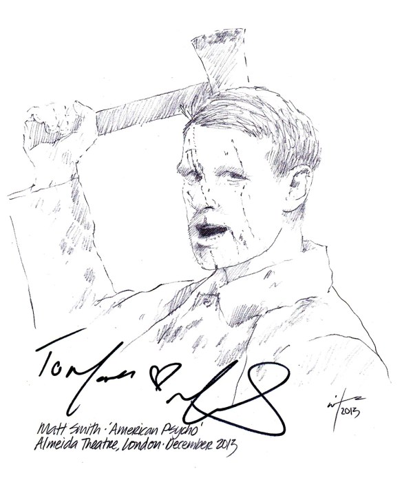 Autographed drawing of actor Matt Smith in American Psycho at the Almeida Theatre