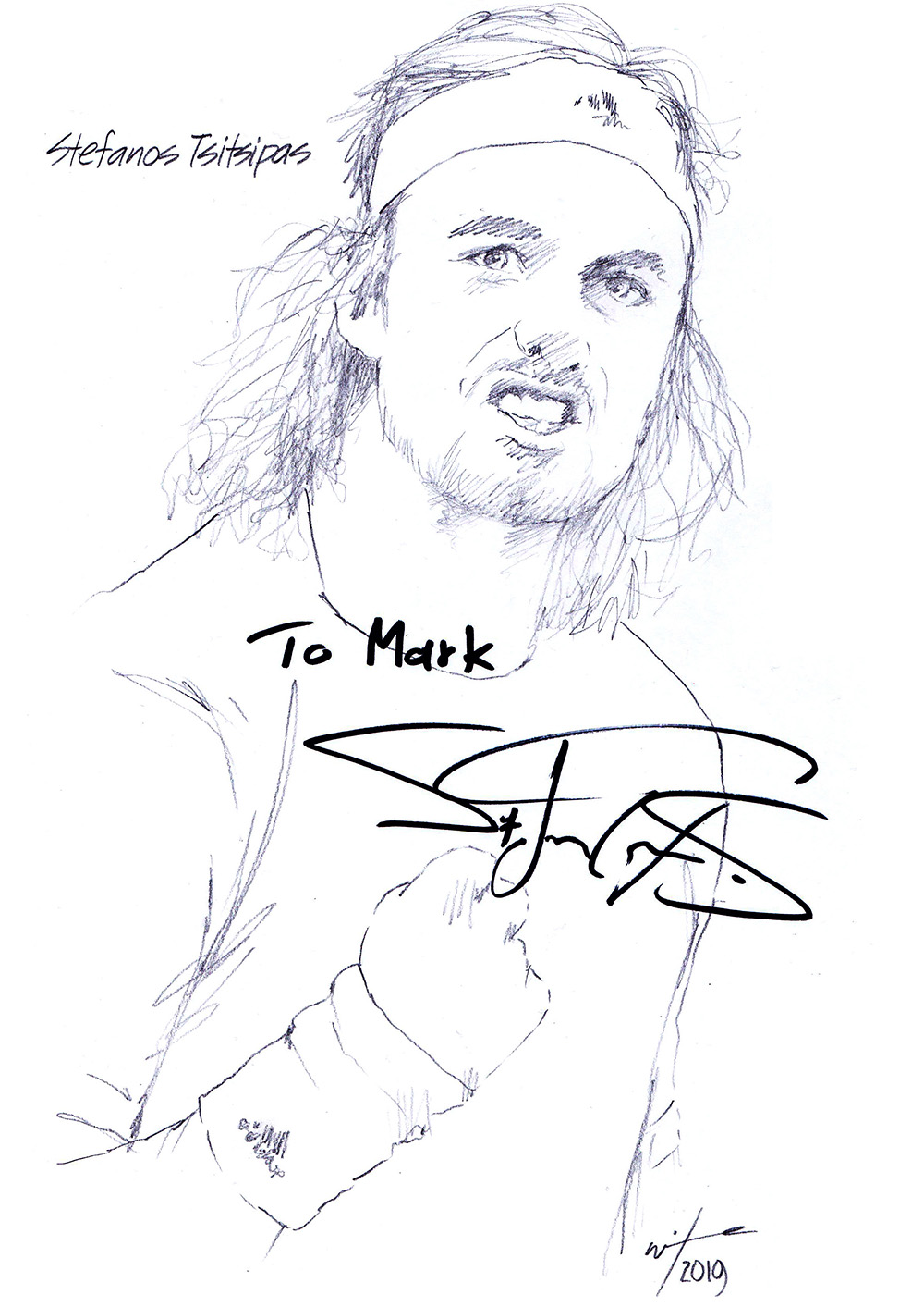 Autographed drawing of tennis player Stefanos Tsitsipas