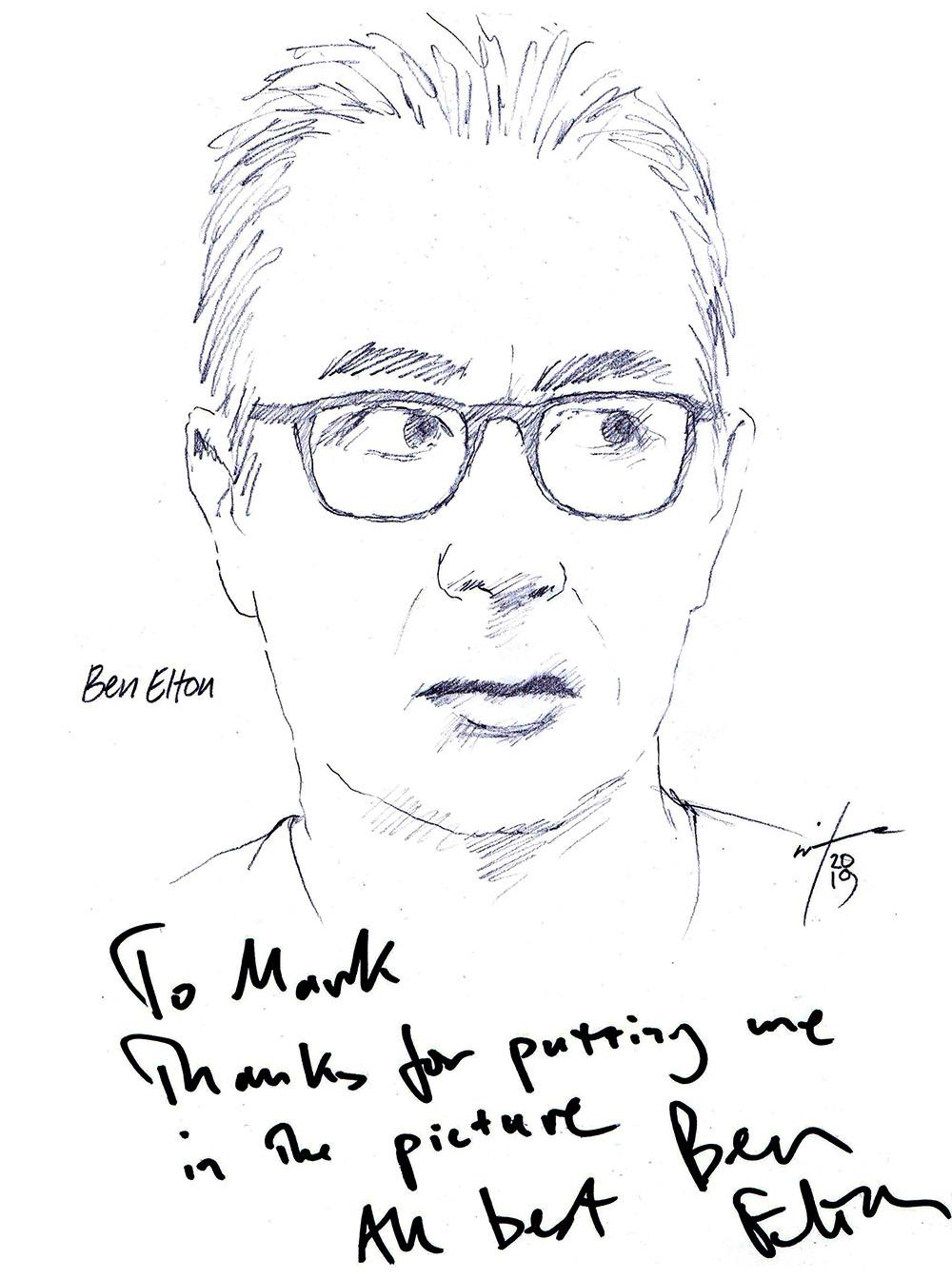 Autographed drawing of writer Ben Elton