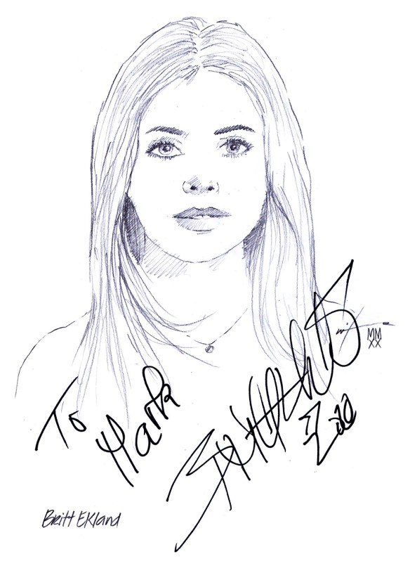 Autographed drawing of actress Britt Ekland