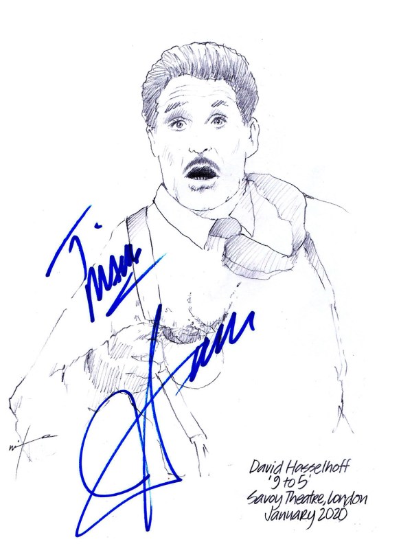 Autographed drawing of David Hasselhoff in 9 to 5 the Musical at the Savoy Theatre on London's West End