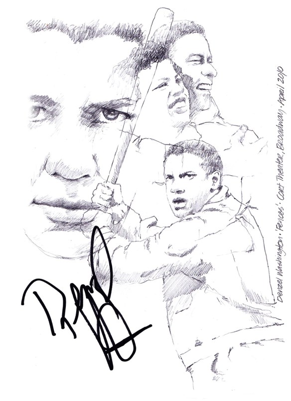 Autographed drawing of actor Denzel Washington in Fences at Broadway's Cort Theatre