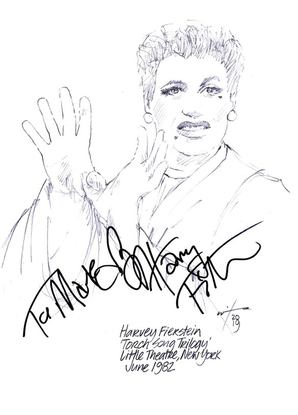Autographed drawing of Harvey Fierstein in Torch Song Trilogy at New York's Little Theatre