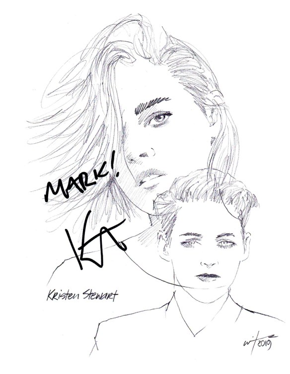 Autographed drawing of actor Kristen Stewart