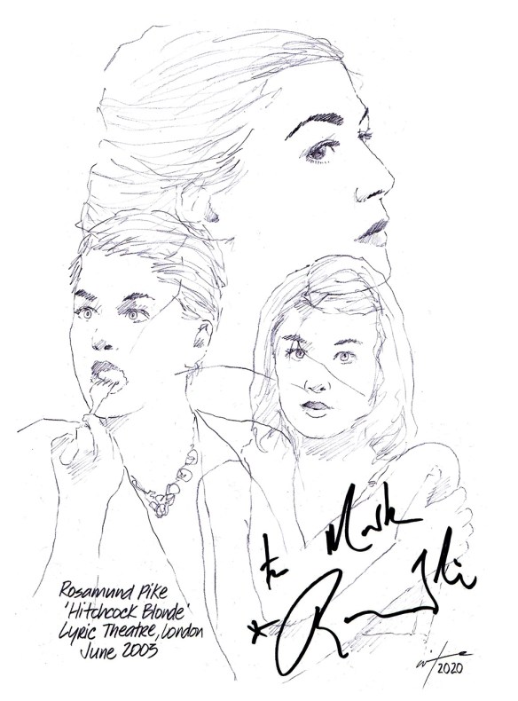 Autographed drawing of Rosamund Pike in Hitchcock Blonde at the Lyric Theatre on London's West End