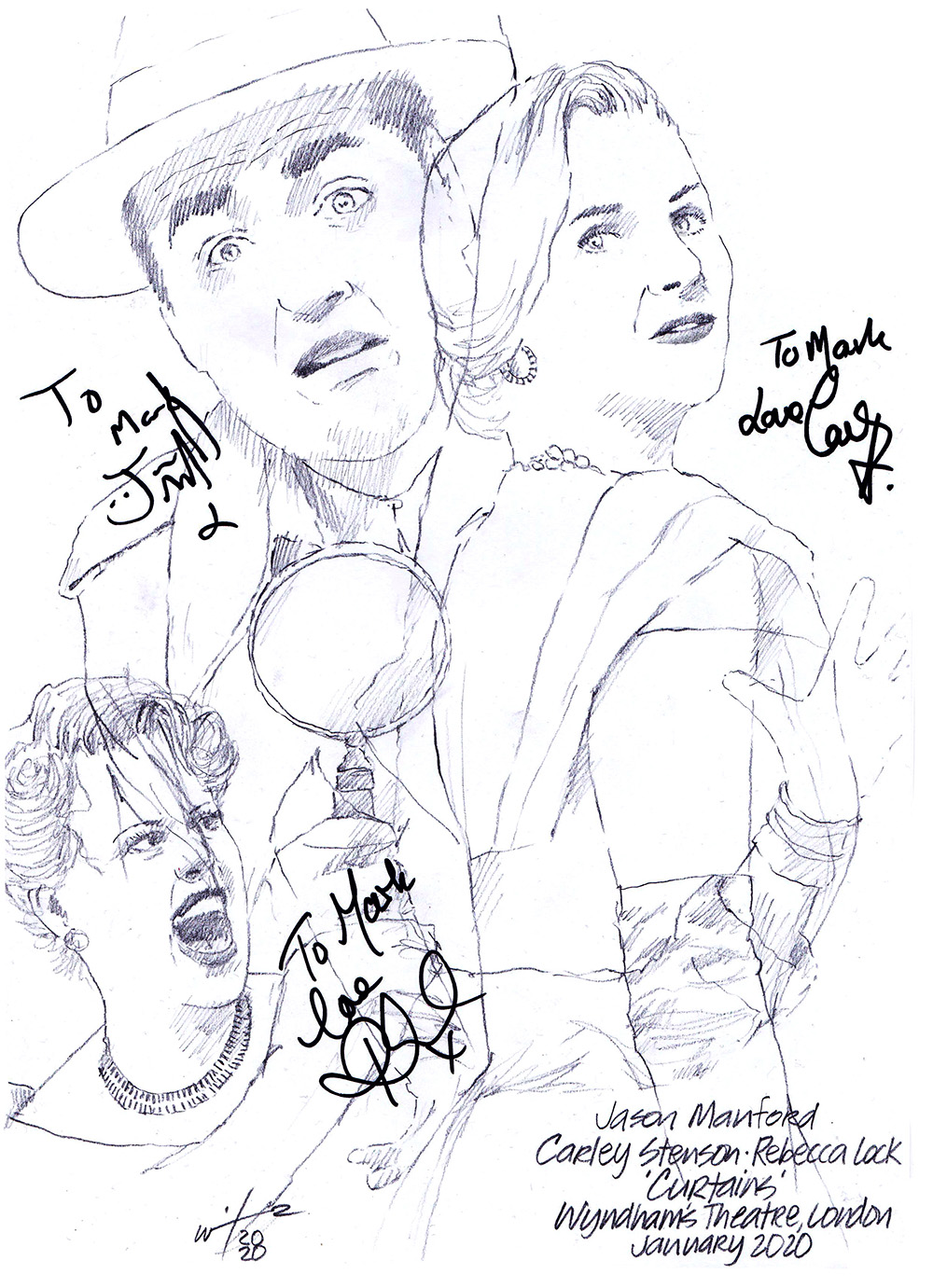 Autographd drawing of Jason Manford, Carley Stenson and Rebecca Lock in Curtains at Wyndham's Theatre on London's West End
