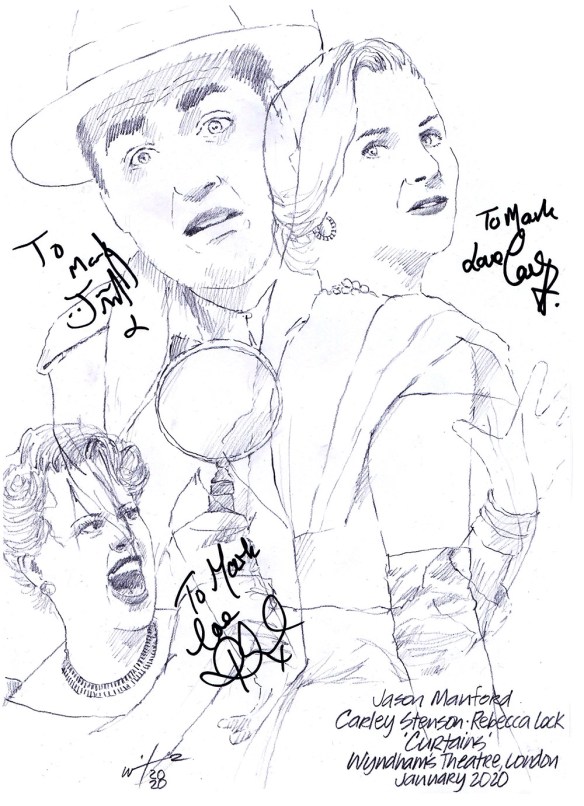 Autographd drawing of Jason Manford, Carley Stenson and Rebecca Lock in Curtains at Wyndham's Theatre on London's West End