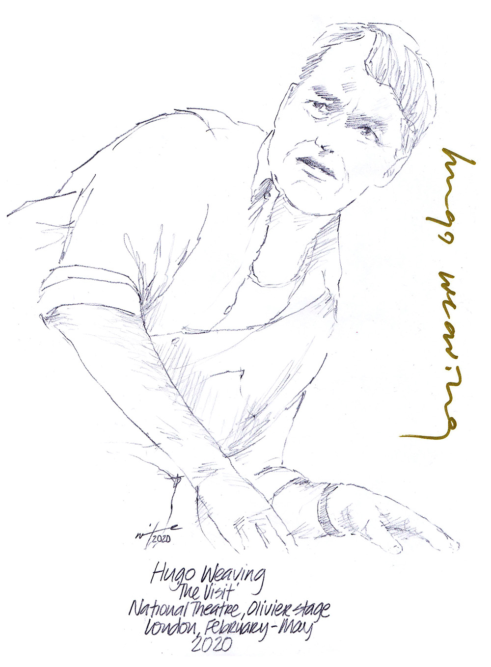 Autographed drawing of Hugo Weaving in The Visit at the National Theatre
